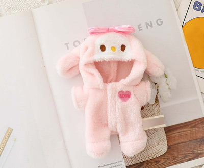 Pink fluffy doll clothes outfit with hood and bow for LABUBU 15-17cm dolls