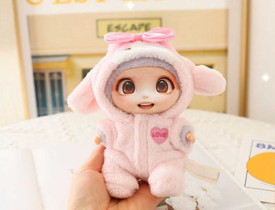 Small doll dressed in pink fluffy animal costume outfit with hood and bow, perfect doll clothes outfit accessory for 15-17cm dolls