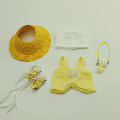 Set of cute yellow hat, shoes, and doll clothes for 15-17cm dolls with small accessory charm