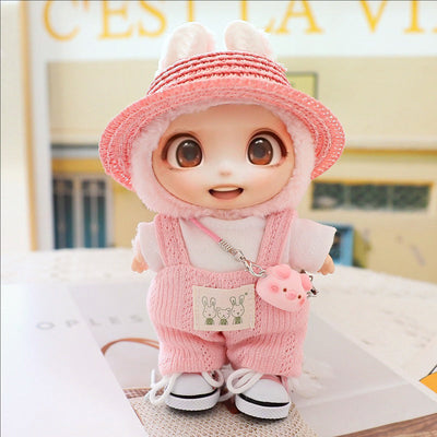 Cute hat shoes doll clothes outfit set on LABUBU 15cm-17cm doll with pink overalls and hat