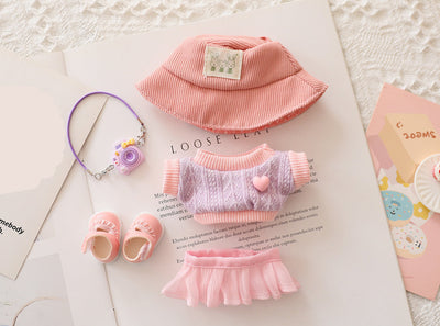 Cute pink hat, purple knit sweater, pink skirt, pink shoes, and purple camera doll clothes set for 15-17cm dolls