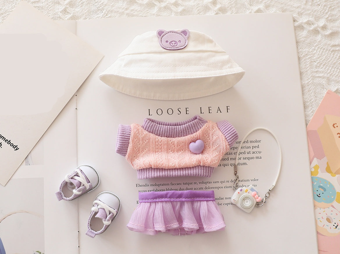 Cute hat, pink and purple doll outfit with shoes and accessories for 15-17cm dolls