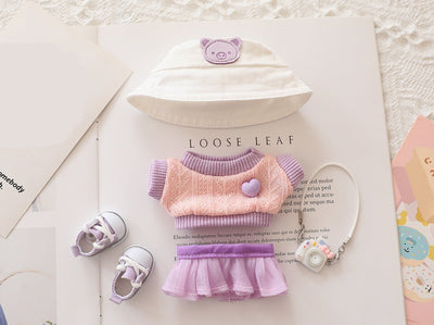 Cute hat, pink and purple doll outfit with shoes and accessories for 15-17cm dolls