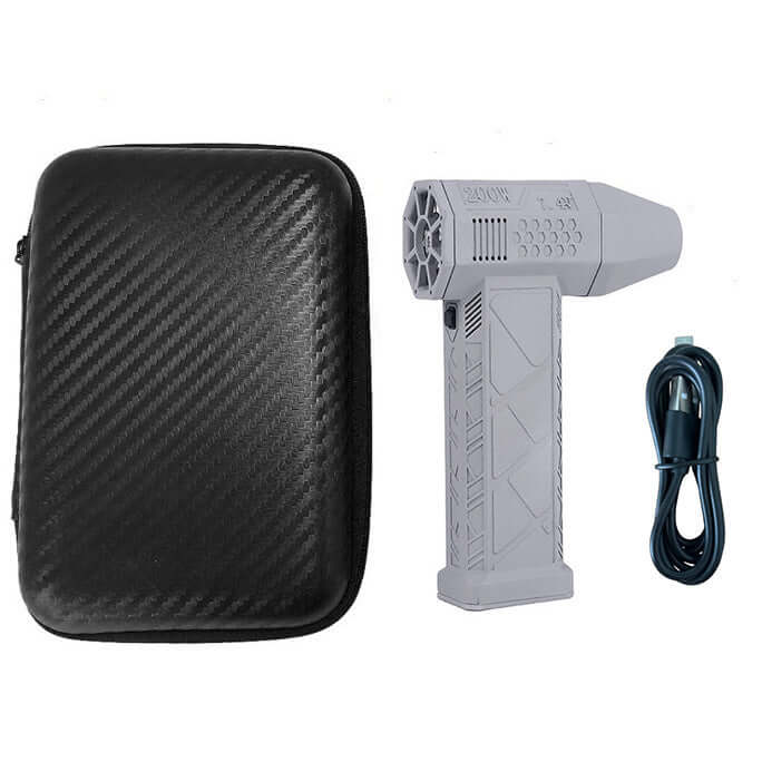 Mini Turbo Violent Fan dust blowing gun in gray with USB charging cable and black carrying case