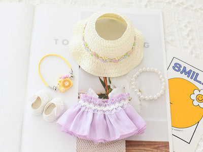5PCS set of cute hat, shoes, purple skirt, pearl bracelet, and keychain accessory for 15-17cm dolls