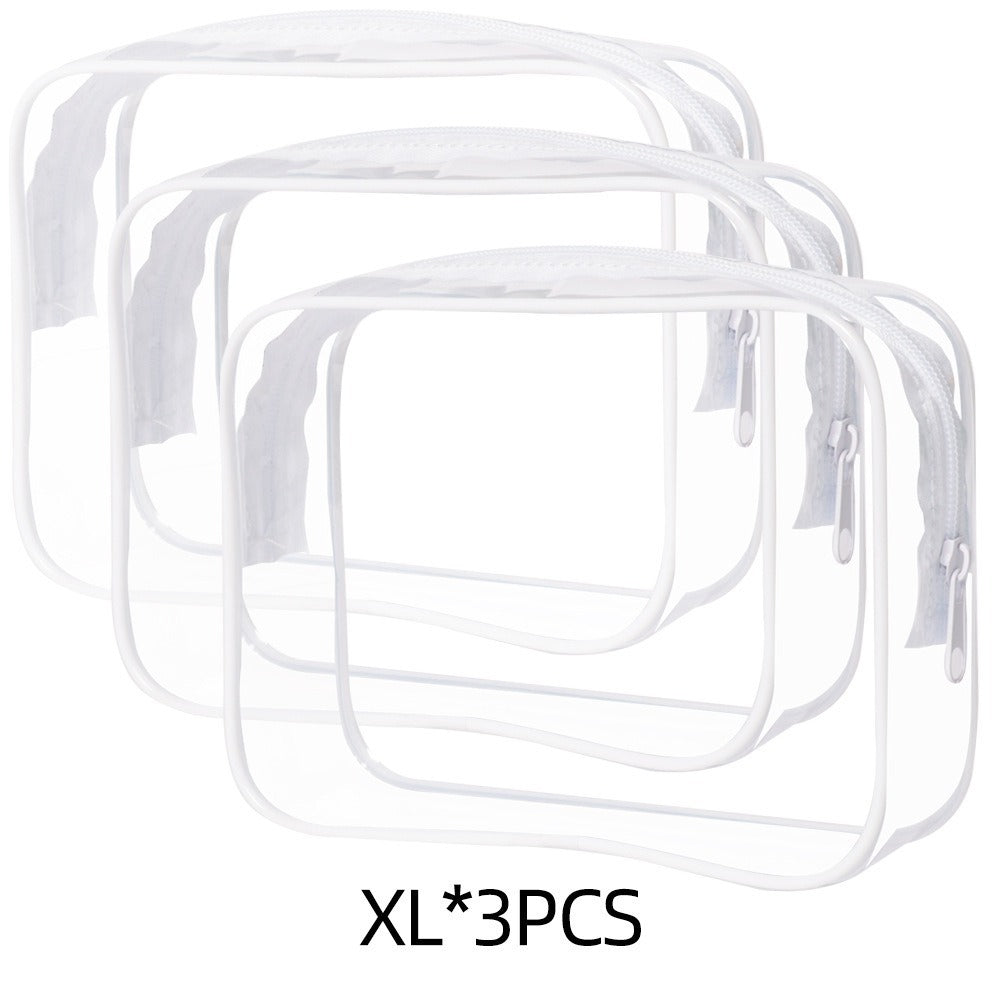 Set of three large transparent PVC makeup bags with white zippers and trim for portable storage