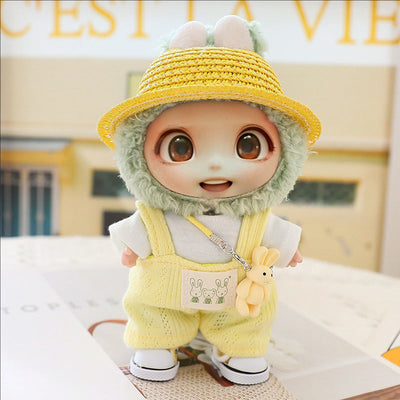 Cute hat, shoes, and doll clothes outfit set for LABUBU 15cm-17cm dolls with yellow hat and plush accessories