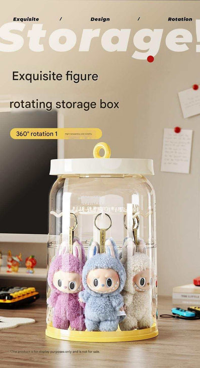 Rotating handheld transparent blind box display rack with Labubu plush dolls and dust cover storage case