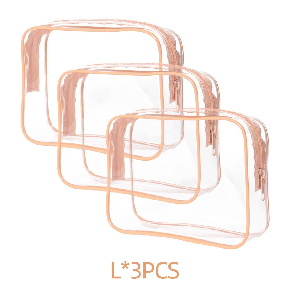 Set of three PVC transparent makeup bags with peach-colored edges and zippers, portable and semi-transparent storage pouches