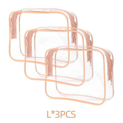 Set of three PVC transparent makeup bags with peach-colored edges and zippers, portable and semi-transparent storage pouches