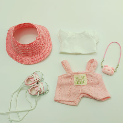 Set of cute pink hat, shoes, knitted shorts, white top, and pig-themed purse doll clothes accessories for 15-17cm dolls
