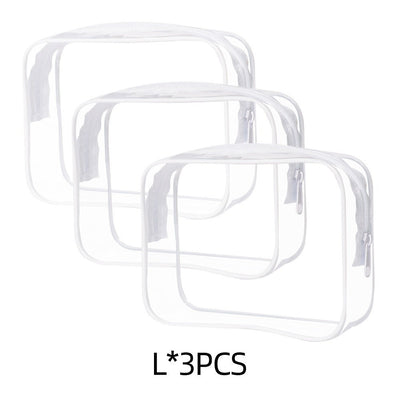 Set of three clear PVC transparent makeup bags with zipper closures, portable storage solution