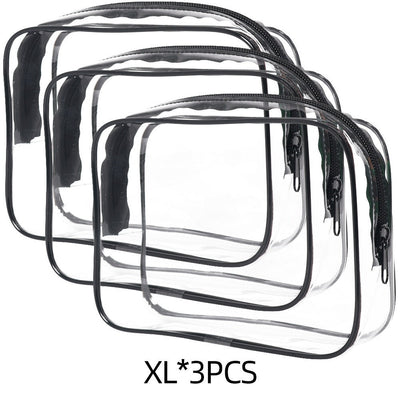 Set of three XL transparent PVC makeup bags with black trim and zipper closures, portable storage solution