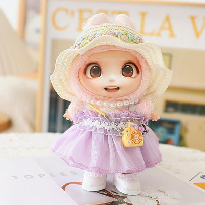 Cute doll wearing 5PCS-set hat and shoes in purple dress with small accessories for LABUBU 15-17cm dolls