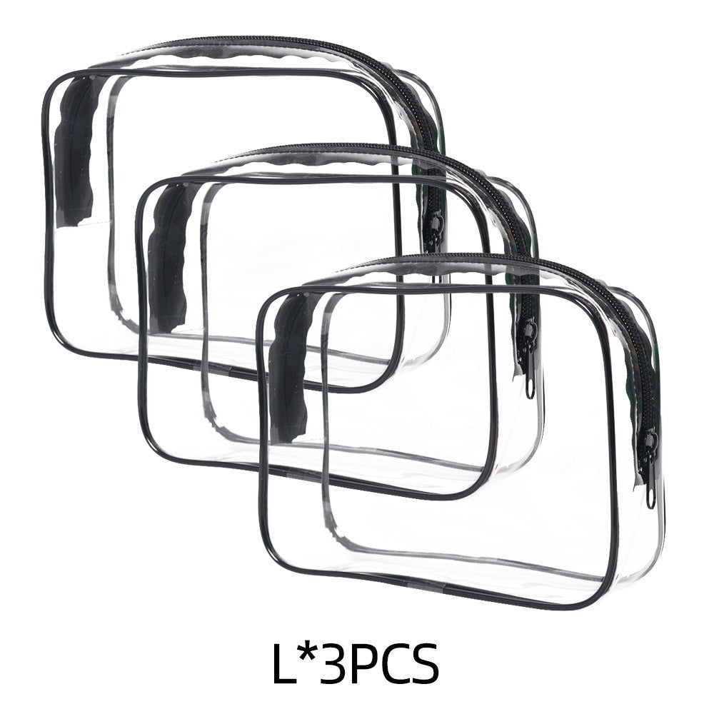 Set of three semi-transparent PVC transparent makeup bags with black trim and zipper closures, portable storage solution.