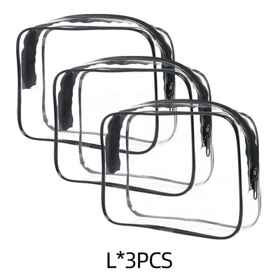 Set of three semi-transparent PVC transparent makeup bags with black trim and zipper closures, portable storage solution.