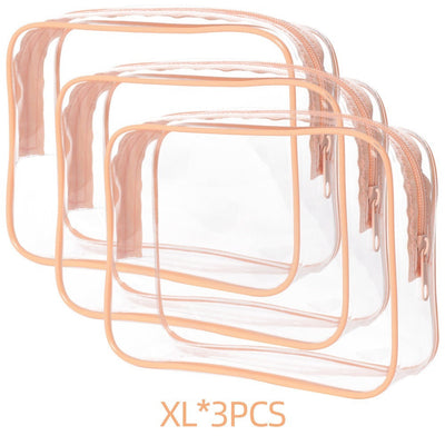Set of three XL PVC transparent makeup bags with beige trim and zippers, portable storage pouches.
