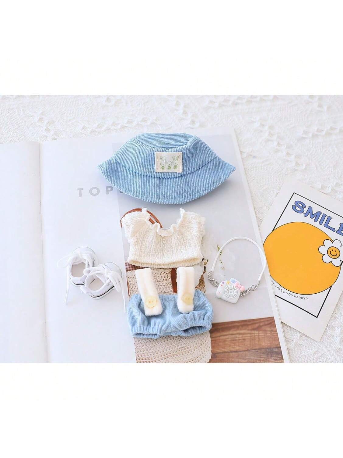 5PCS-Set cute hat shoes doll clothes outfit set for 15-17cm dolls including blue hat, white top, blue shorts, white shoes, and camera accessory